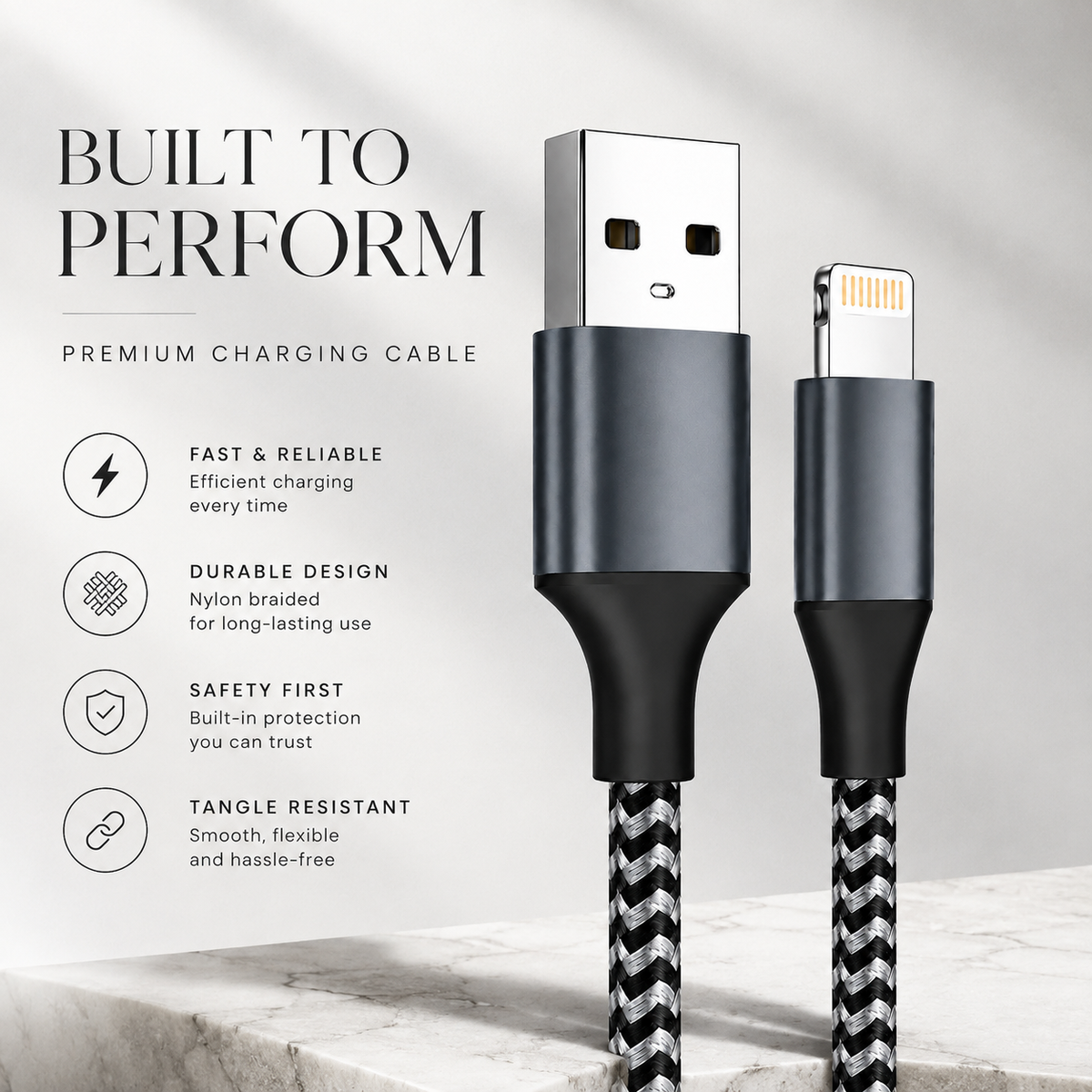 Premium USB A to Lightning Charging Cable 12W Fast Charging 2.4A MFi Certified Nylon Braided Data Sync Charger Cord Tangle Resistant Compatible with iPhone