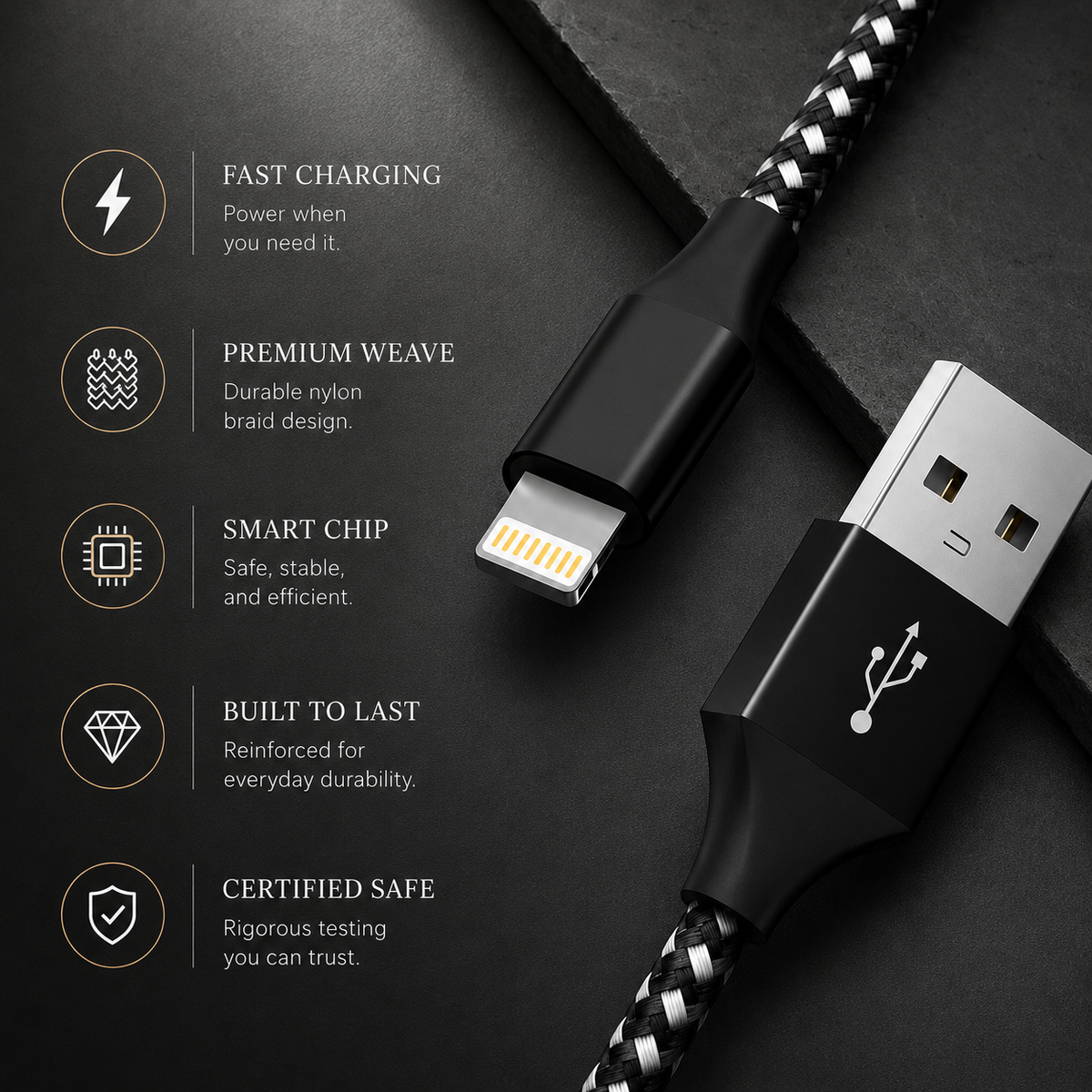 Premium USB A to Lightning Charging Cable 12W Fast Charging 2.4A MFi Certified Nylon Braided Data Sync Charger Cord Tangle Resistant Compatible with iPhone