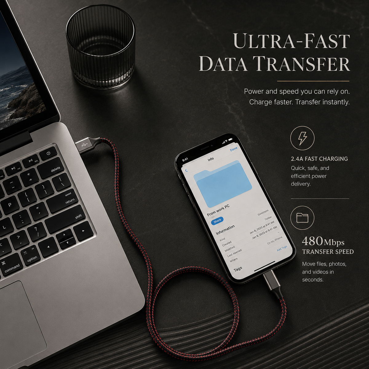 Premium USB A to Lightning Charging Cable 12W Fast Charging 2.4A MFi Certified Nylon Braided Data Sync Charger Cord Tangle Resistant Compatible with iPhone