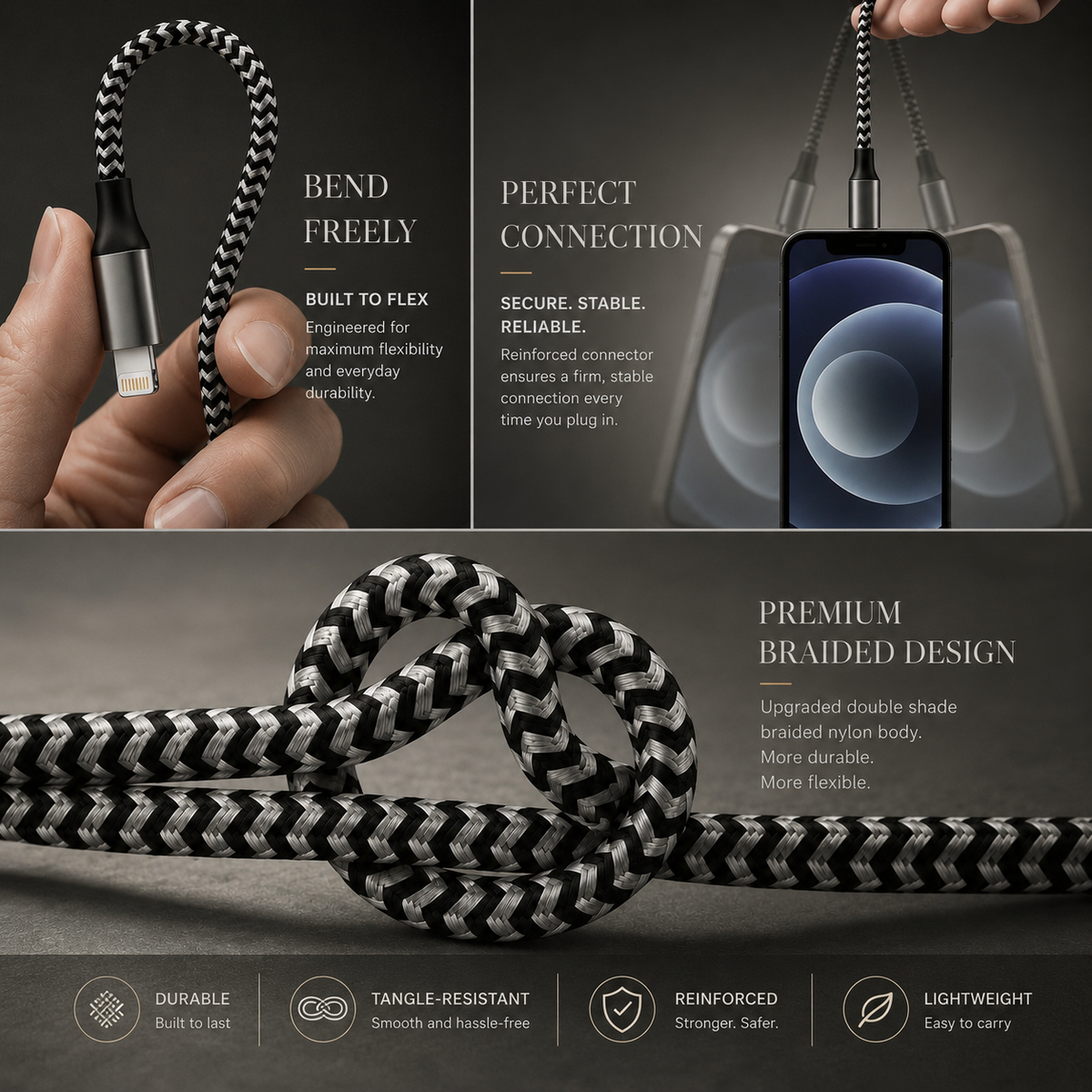 Premium USB A to Lightning Charging Cable 12W Fast Charging 2.4A MFi Certified Nylon Braided Data Sync Charger Cord Tangle Resistant Compatible with iPhone