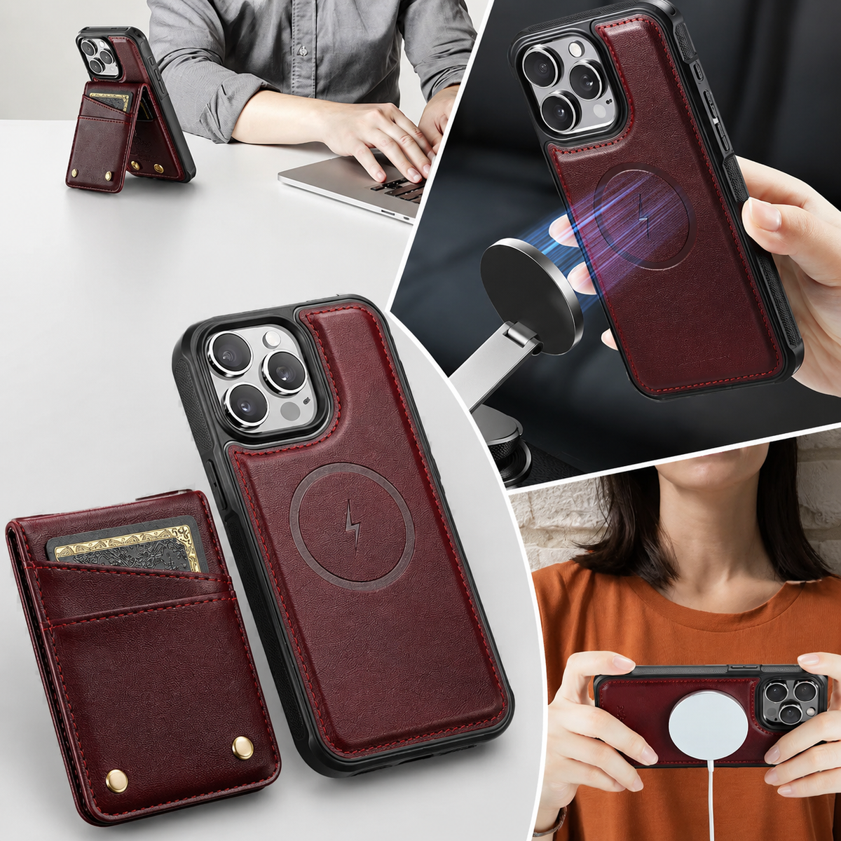 Premium iPhone Case 2-in-1 Magnetic Detachable Wallet Flip Cover PU Leather Card Holder Cash Pocket Wrist Strap Shockproof Full Protection Slim Design