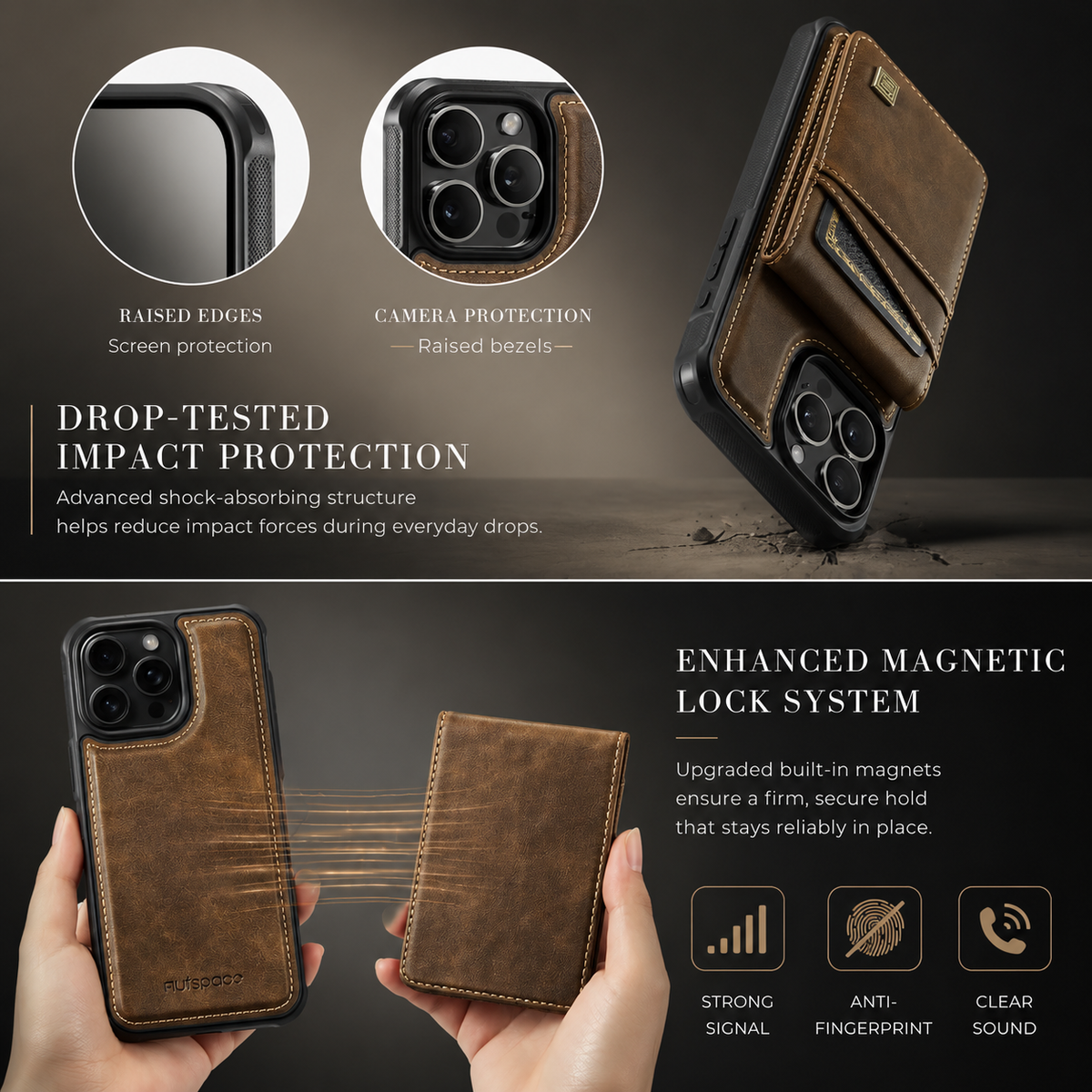 Premium iPhone Case 2-in-1 Magnetic Detachable Wallet Flip Cover PU Leather Card Holder Cash Pocket Wrist Strap Shockproof Full Protection Slim Design