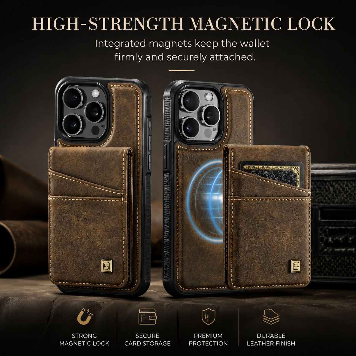 Premium iPhone Case 2-in-1 Magnetic Detachable Wallet Flip Cover PU Leather Card Holder Cash Pocket Wrist Strap Shockproof Full Protection Slim Design