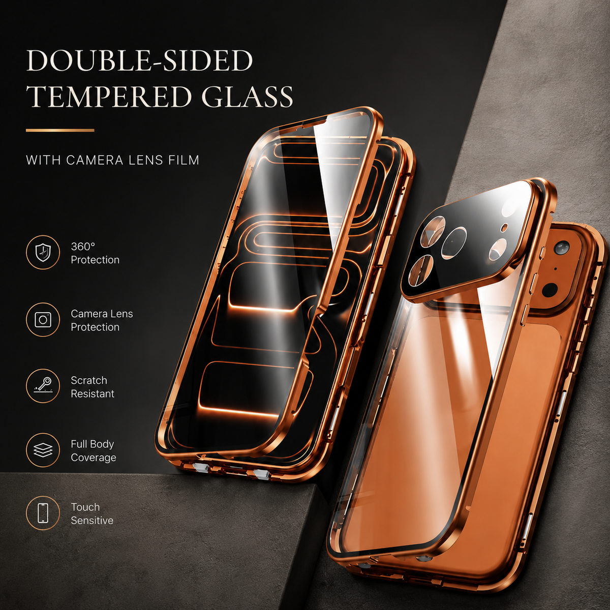 Premium iPhone Case 360 Full Protection Magnetic Glass Cover Aluminum Alloy Frame Shockproof Anti Scratch Bumper Full Coverage Camera Lens Guard Slim Design