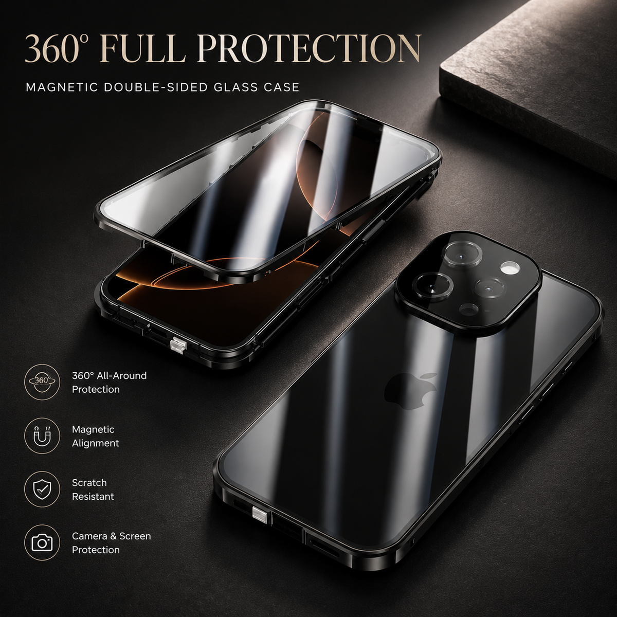 Premium iPhone Case 360 Full Protection Magnetic Glass Cover Aluminum Alloy Frame Shockproof Anti Scratch Bumper Full Coverage Camera Lens Guard Slim Design