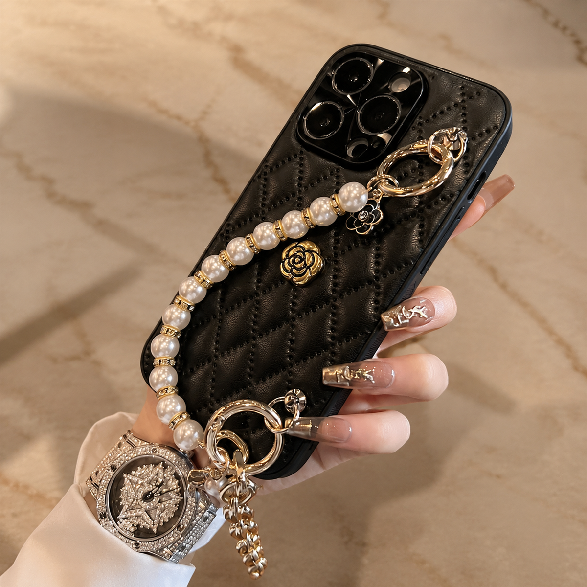 Premium iPhone Case 3D Camellia Floral Design Protective Cover Chain Strap Shockproof Protection Elegant Slim Lightweight Anti Scratch Design