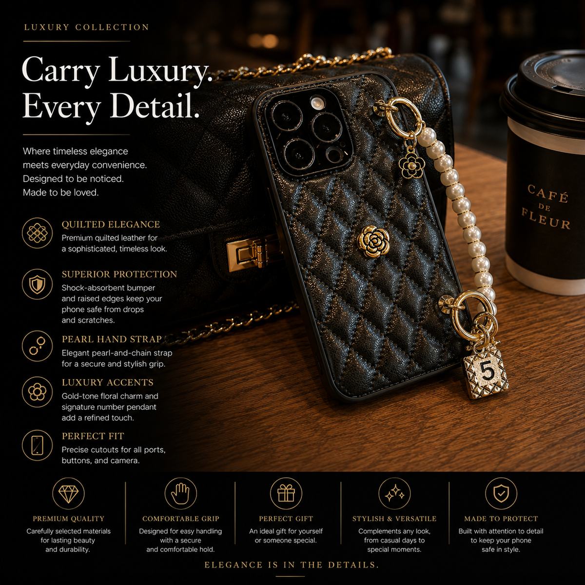 Premium iPhone Case 3D Camellia Floral Design Protective Cover Chain Strap Shockproof Protection Elegant Slim Lightweight Anti Scratch Design
