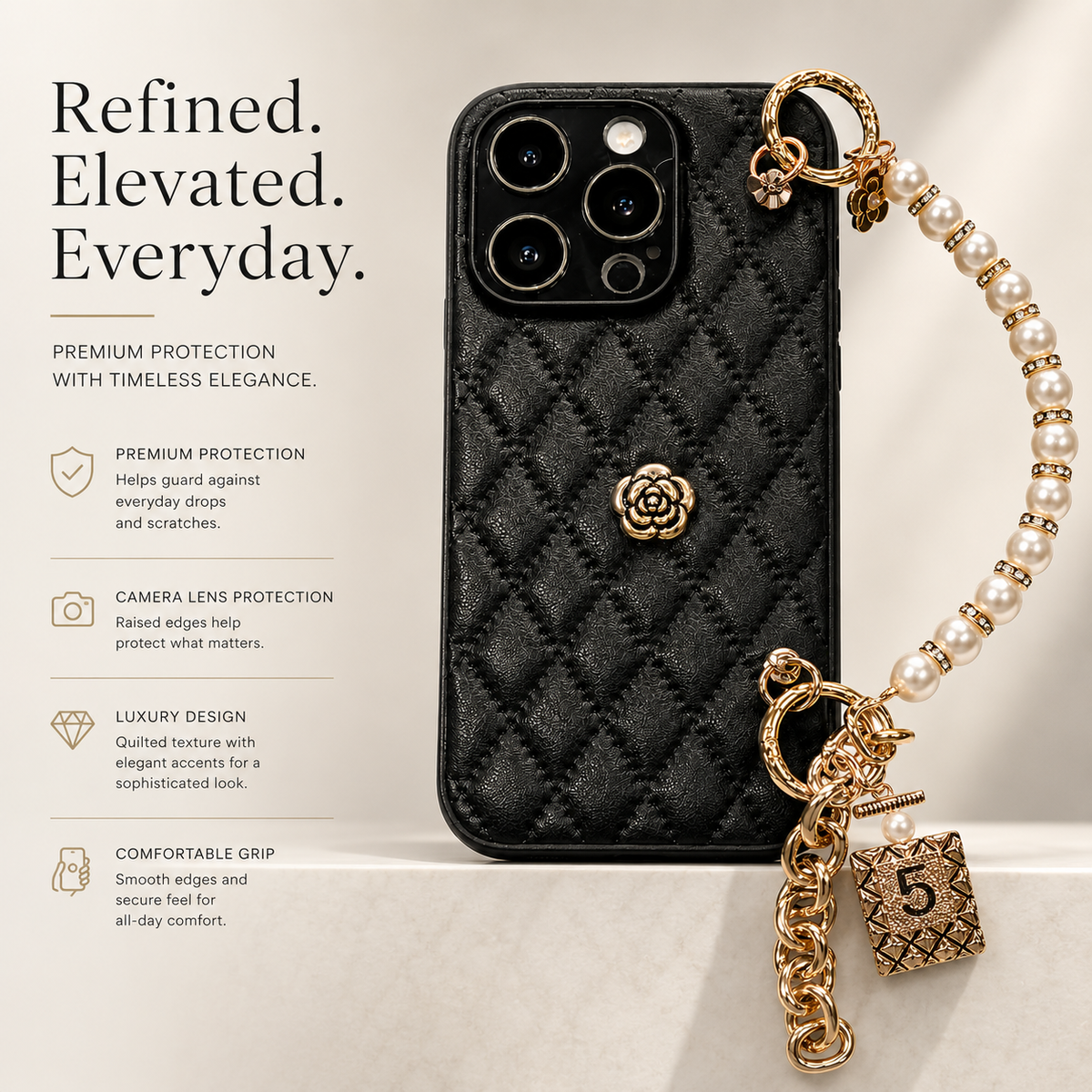 Premium iPhone Case 3D Camellia Floral Design Protective Cover Chain Strap Shockproof Protection Elegant Slim Lightweight Anti Scratch Design