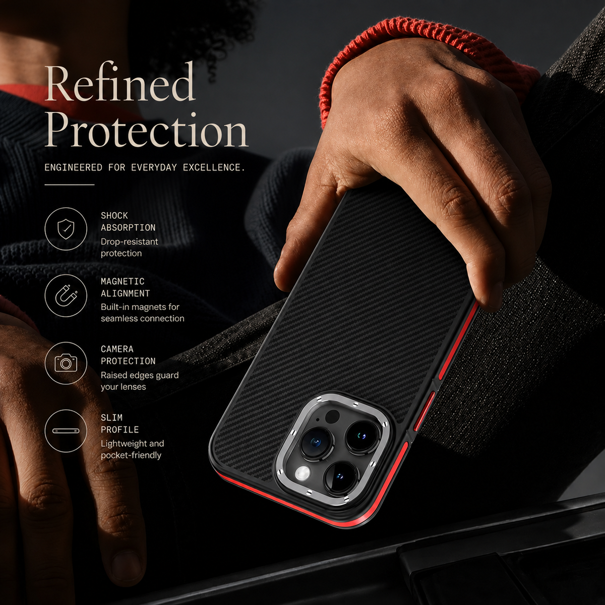 Premium iPhone Case 600D Kevlar Series Magnetic Cover Metal Camera Ring Half Wrapped Dual Layer Carbon Fiber Shockproof Slim Protective Design