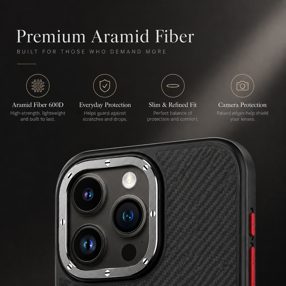 Premium iPhone Case 600D Kevlar Series Magnetic Cover Metal Camera Ring Half Wrapped Dual Layer Carbon Fiber Shockproof Slim Protective Design