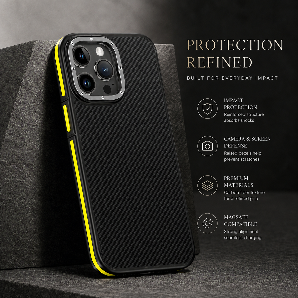 Premium iPhone Case 600D Kevlar Series Magnetic Cover Metal Camera Ring Half Wrapped Dual Layer Carbon Fiber Shockproof Slim Protective Design
