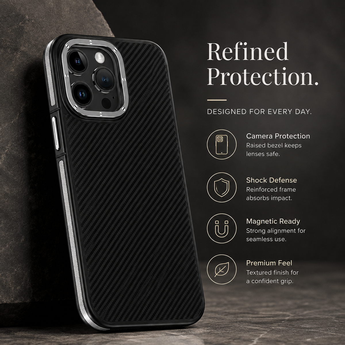 Premium iPhone Case 600D Kevlar Series Magnetic Cover Metal Camera Ring Half Wrapped Dual Layer Carbon Fiber Shockproof Slim Protective Design