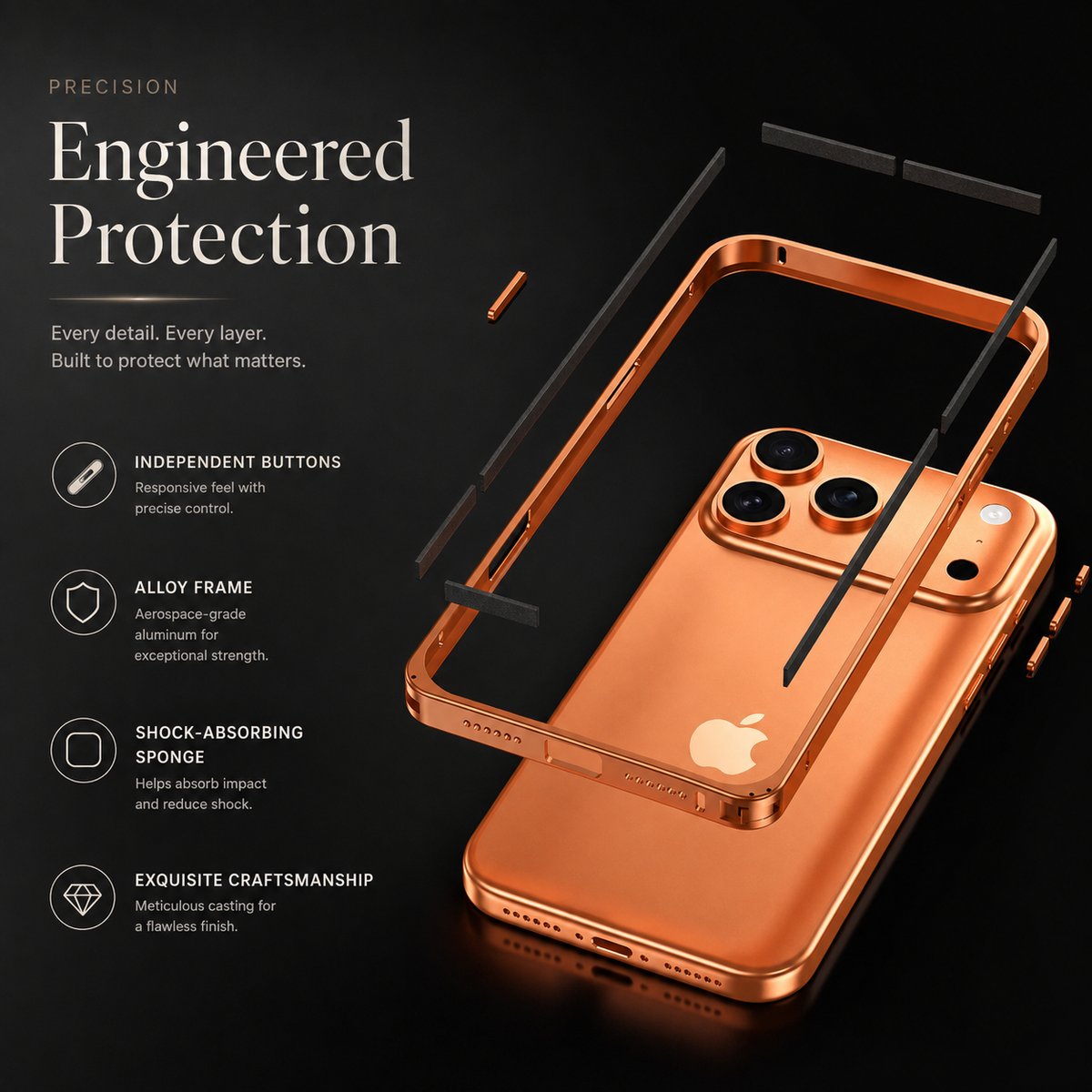 Premium iPhone Case Alloy Metal Frame Bumper Shockproof Anti Drop Matte Slim Reinforced Edge Corner Protection Lightweight Minimalist Protective Cover