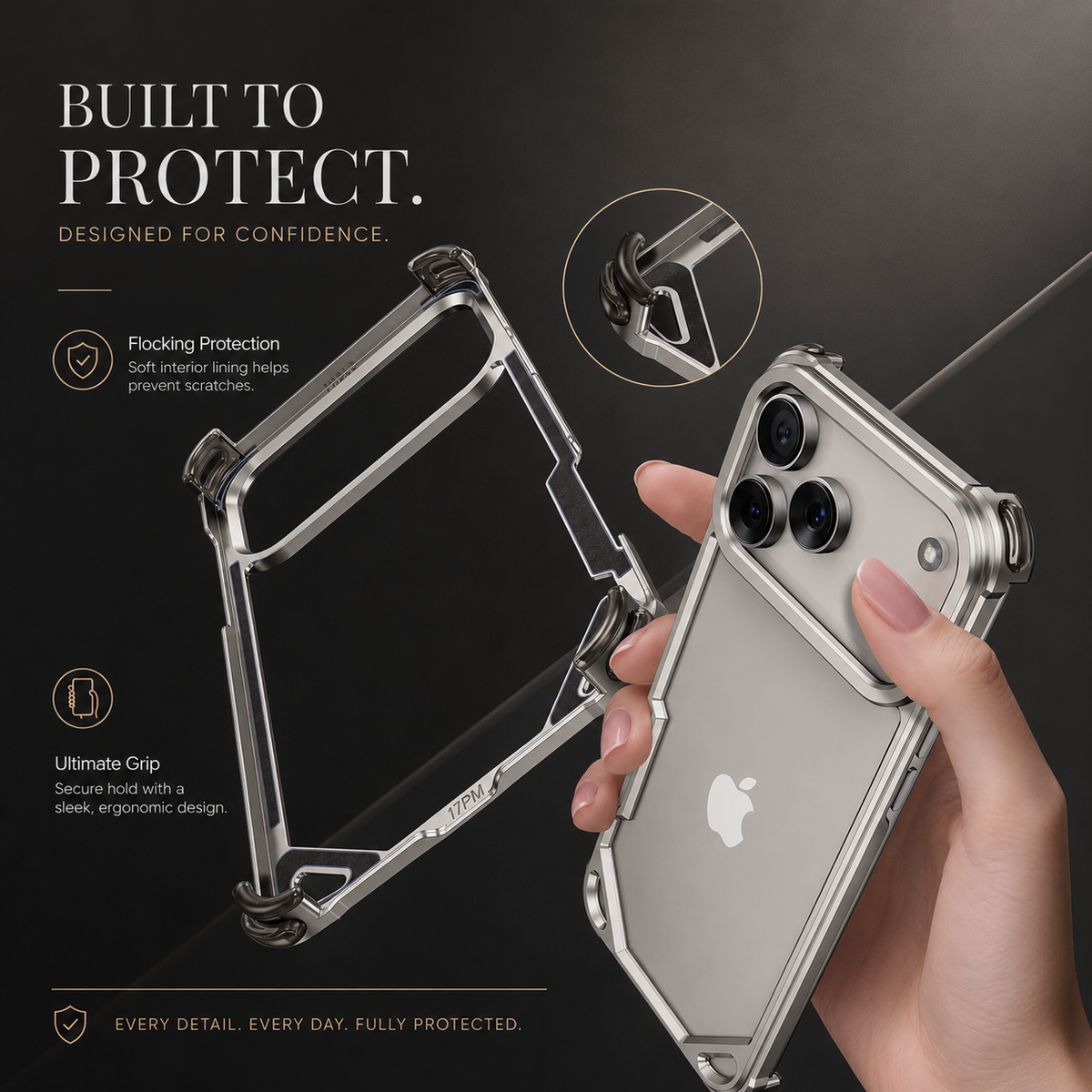 Premium iPhone Case Aluminum Alloy Bumper Ultra Thin Shockproof Protective Cover Open Back Wireless Charging Slim Lightweight Reinforced Edge Frame