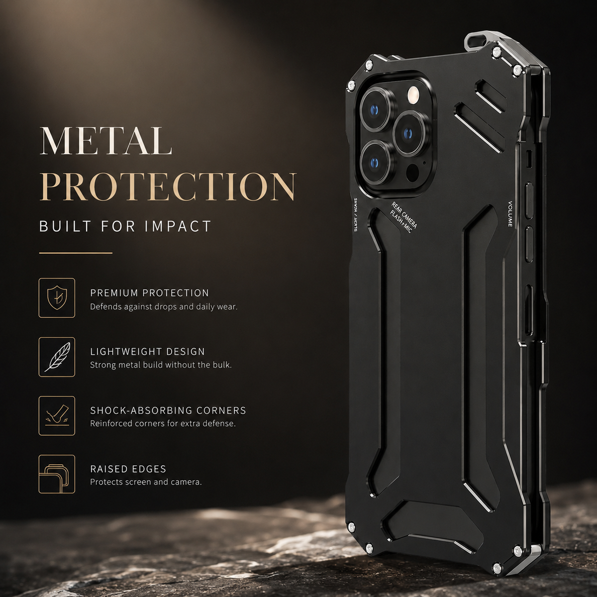 Premium iPhone Case Aluminum Alloy Metal Armor Cover Military Grade Shockproof Cooling Design Anti Scratch Protection Camera Lens Guard Rugged Slim Design