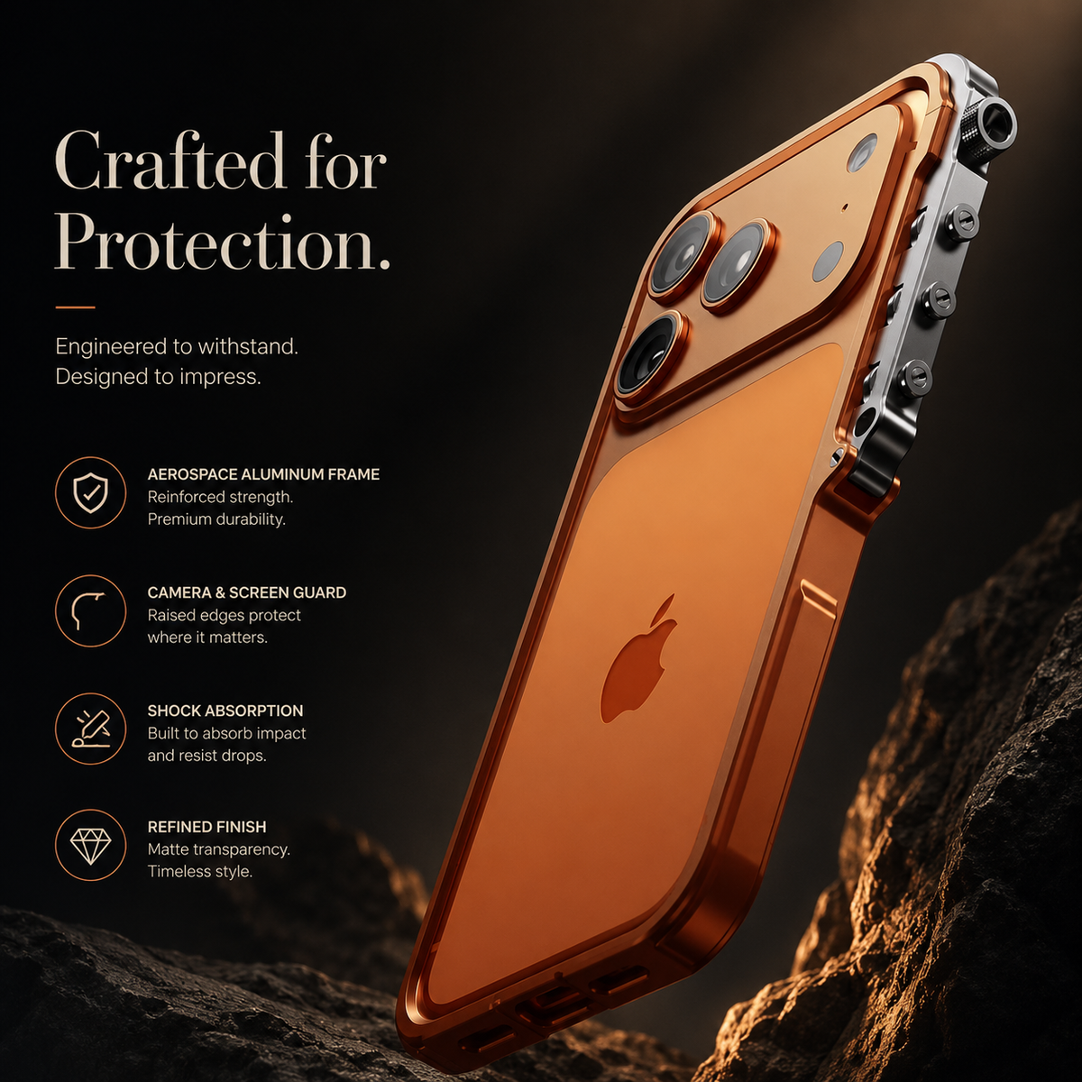 Premium iPhone Case Aluminum Alloy Metal Bumper Shockproof Protective Cover Rugged Mechanical Frame Heavy Duty Reinforced Corners Slim Cyberpunk Design