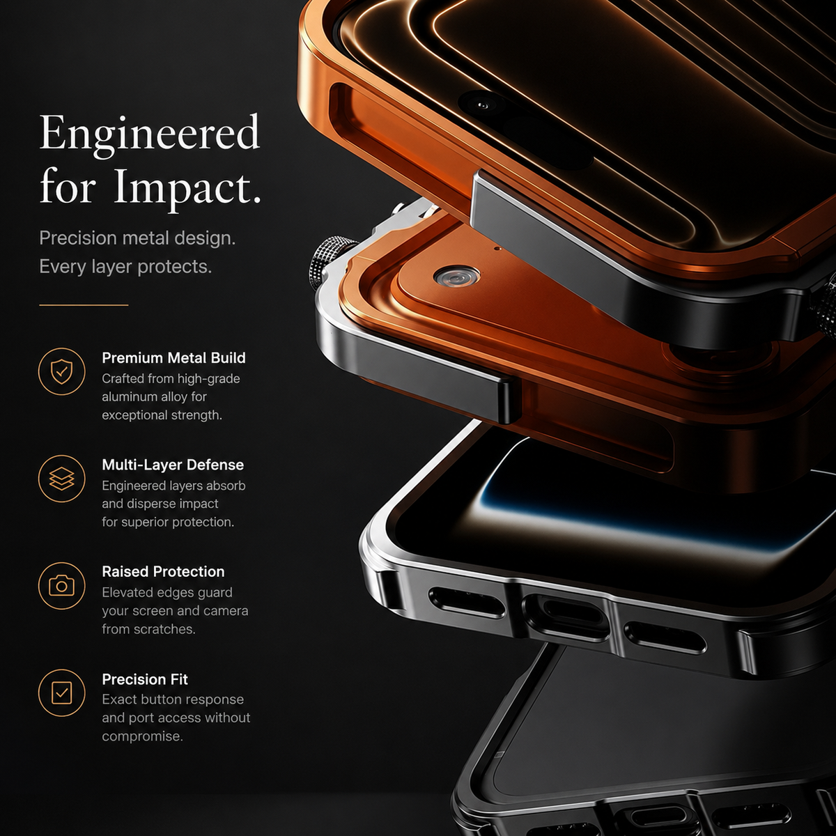 Premium iPhone Case Aluminum Alloy Metal Bumper Shockproof Protective Cover Rugged Mechanical Frame Heavy Duty Reinforced Corners Slim Cyberpunk Design