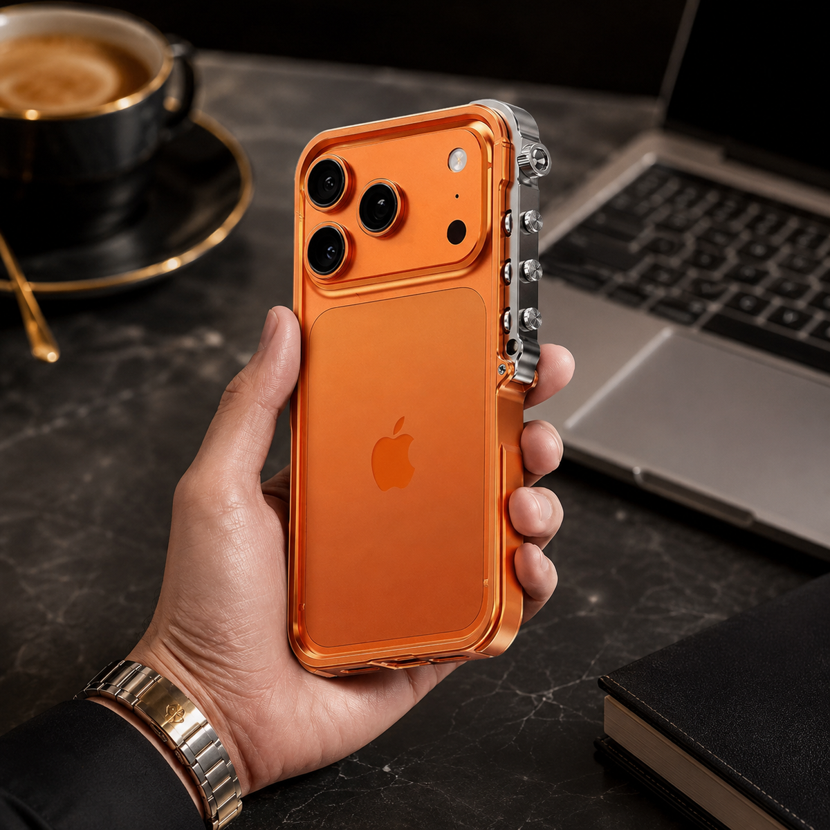 Premium iPhone Case Aluminum Alloy Metal Bumper Shockproof Protective Cover Rugged Mechanical Frame Heavy Duty Reinforced Corners Slim Cyberpunk Design