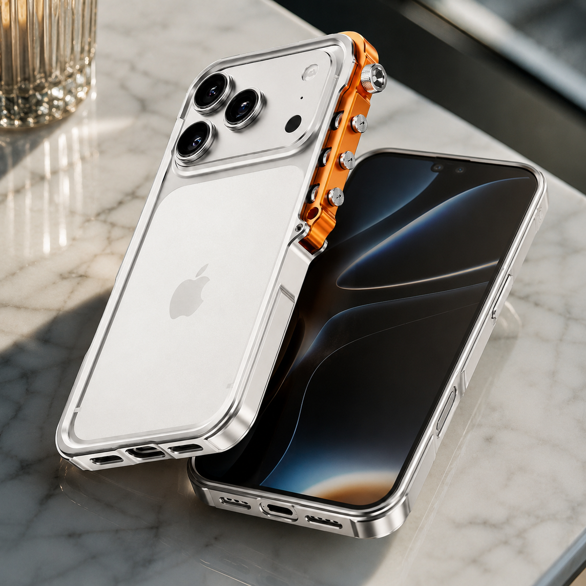 Premium iPhone Case Aluminum Alloy Metal Bumper Shockproof Protective Cover Rugged Mechanical Frame Heavy Duty Reinforced Corners Slim Cyberpunk Design