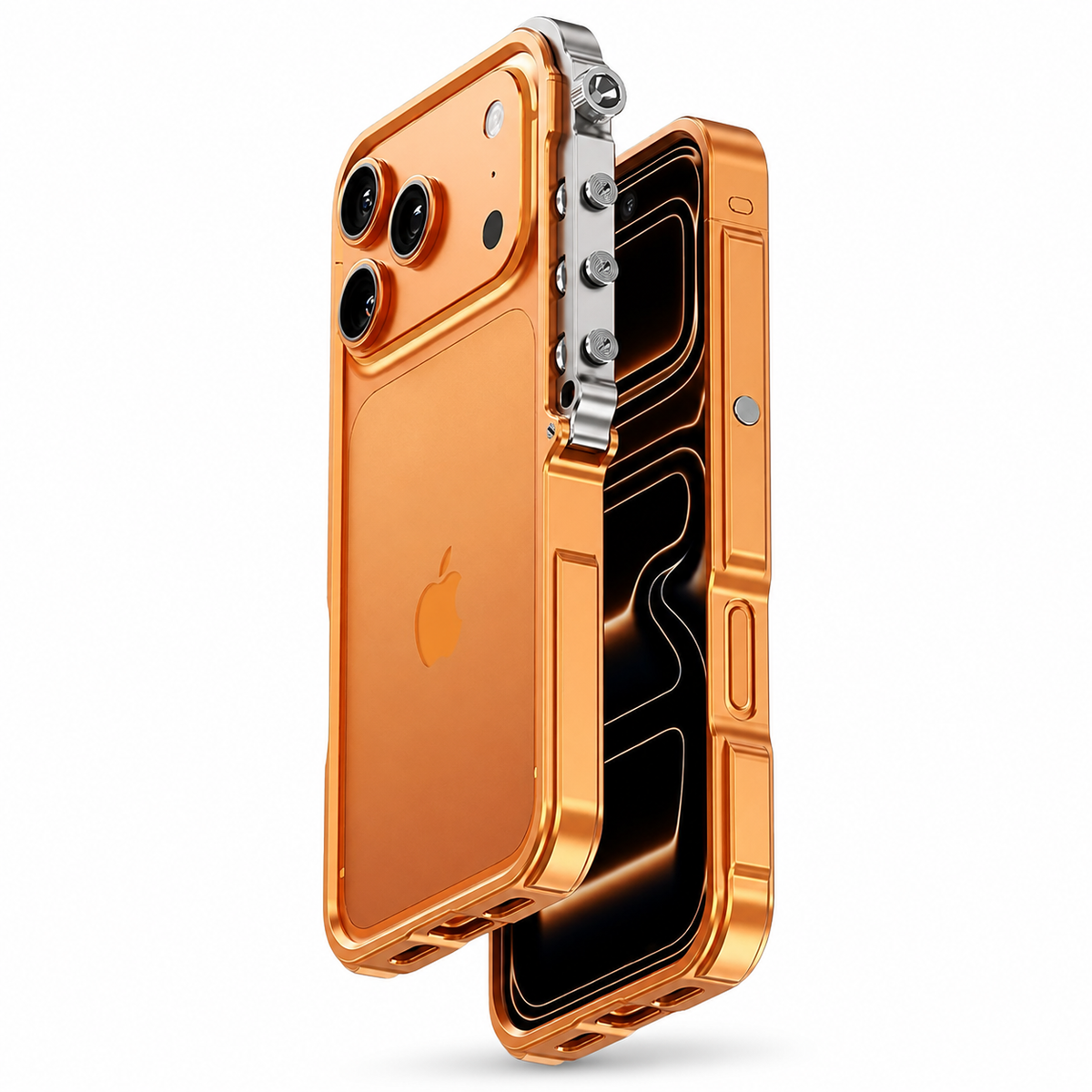Premium iPhone Case Aluminum Alloy Metal Bumper Shockproof Protective Cover Rugged Mechanical Frame Heavy Duty Reinforced Corners Slim Cyberpunk Design
