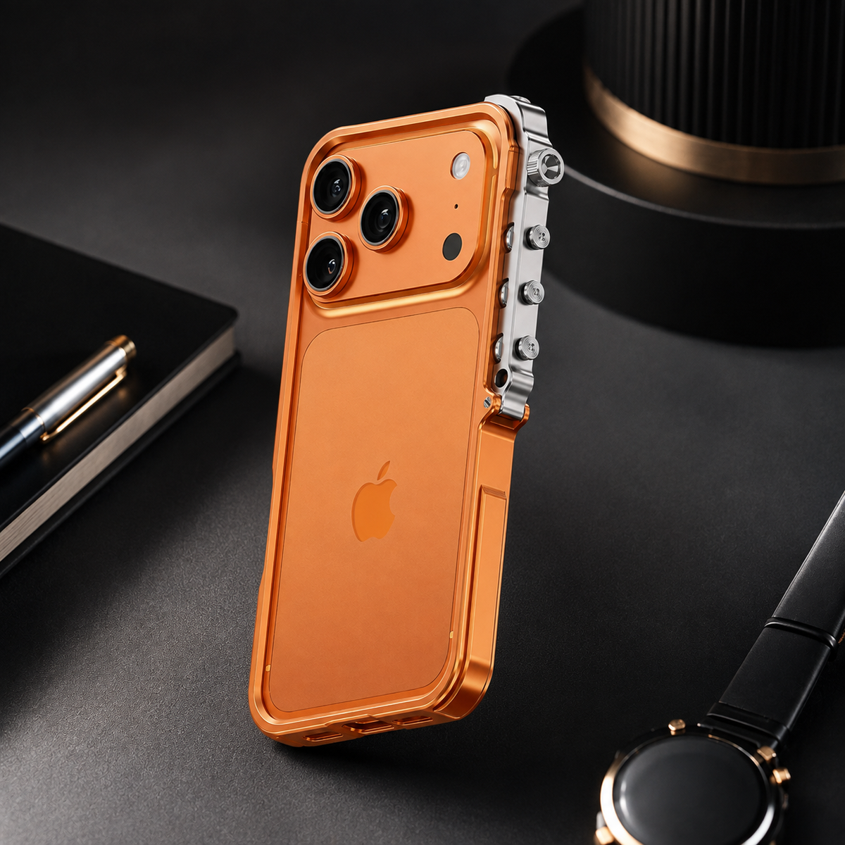 Premium iPhone Case Aluminum Alloy Metal Bumper Shockproof Protective Cover Rugged Mechanical Frame Heavy Duty Reinforced Corners Slim Cyberpunk Design