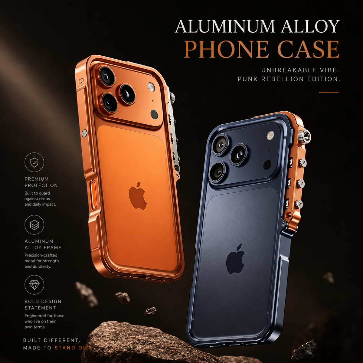 Premium iPhone Case Aluminum Alloy Metal Bumper Shockproof Protective Cover Rugged Mechanical Frame Heavy Duty Reinforced Corners Slim Cyberpunk Design