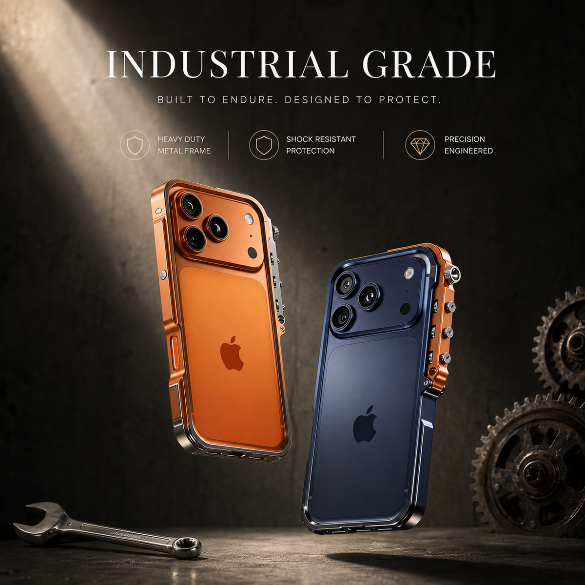 Premium iPhone Case Aluminum Alloy Metal Bumper Shockproof Protective Cover Rugged Mechanical Frame Heavy Duty Reinforced Corners Slim Cyberpunk Design