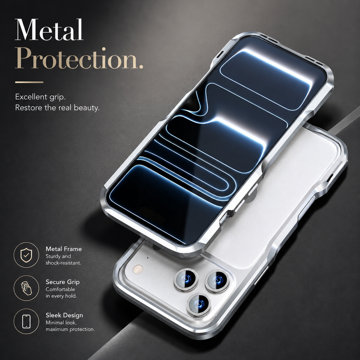 Premium iPhone Case Aluminum Alloy Metal Bumper Slim Backless Frame 4 Corner Shockproof Reinforced Edge Protection Lightweight Minimalist Cover Case