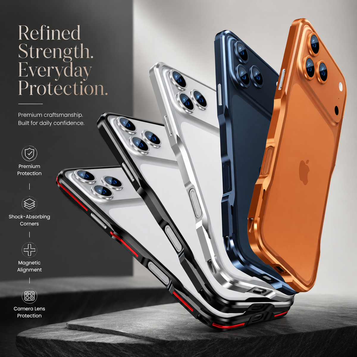 Premium iPhone Case Aluminum Alloy Metal Bumper Slim Backless Frame 4 Corner Shockproof Reinforced Edge Protection Lightweight Minimalist Cover Case
