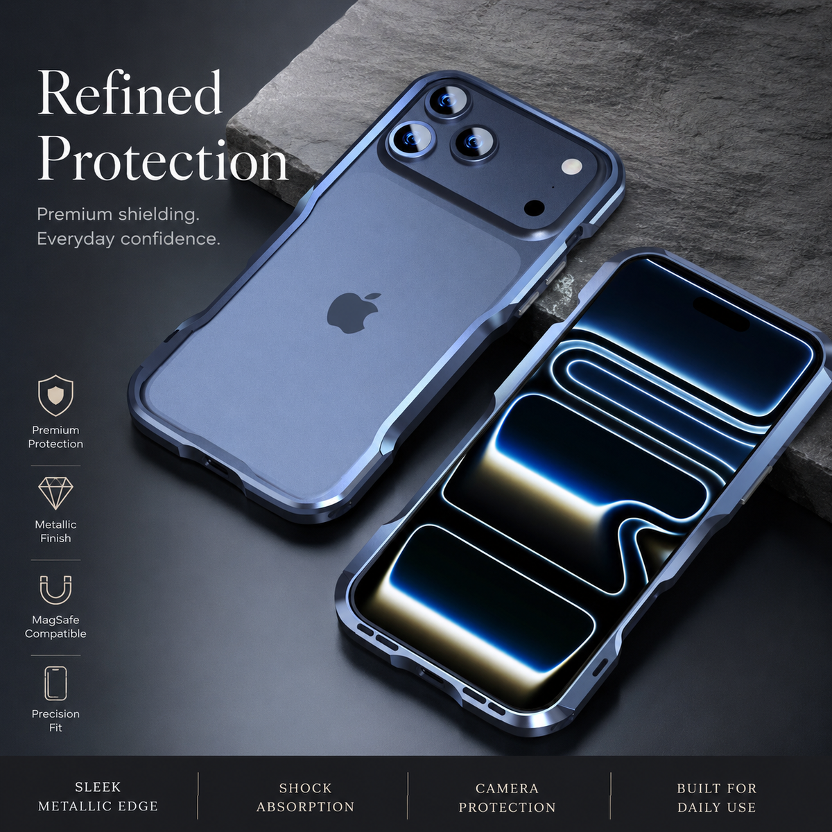 Premium iPhone Case Aluminum Alloy Metal Bumper Slim Backless Frame 4 Corner Shockproof Reinforced Edge Protection Lightweight Minimalist Cover Case