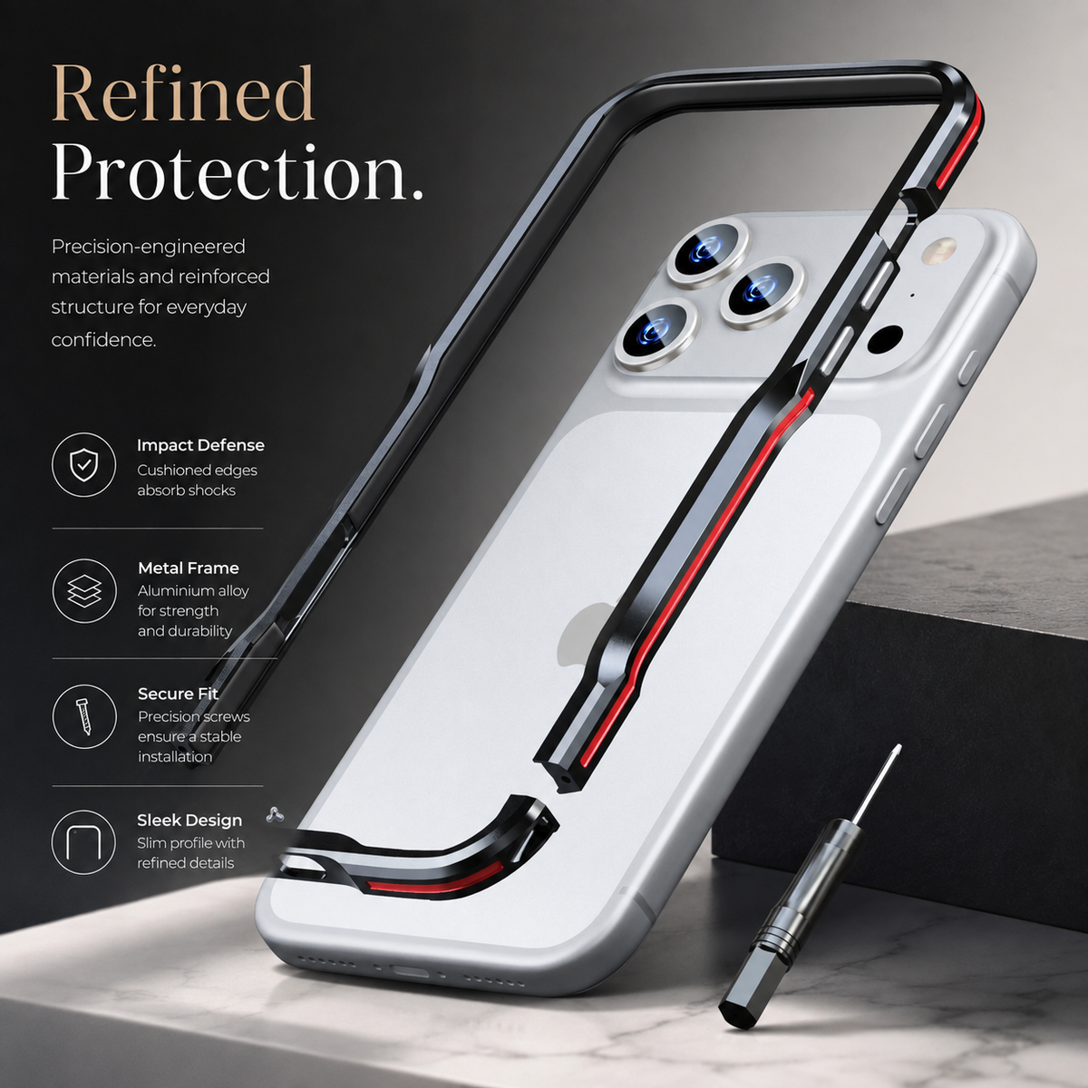 Premium iPhone Case Aluminum Alloy Metal Bumper Slim Backless Frame 4 Corner Shockproof Reinforced Edge Protection Lightweight Minimalist Cover Case