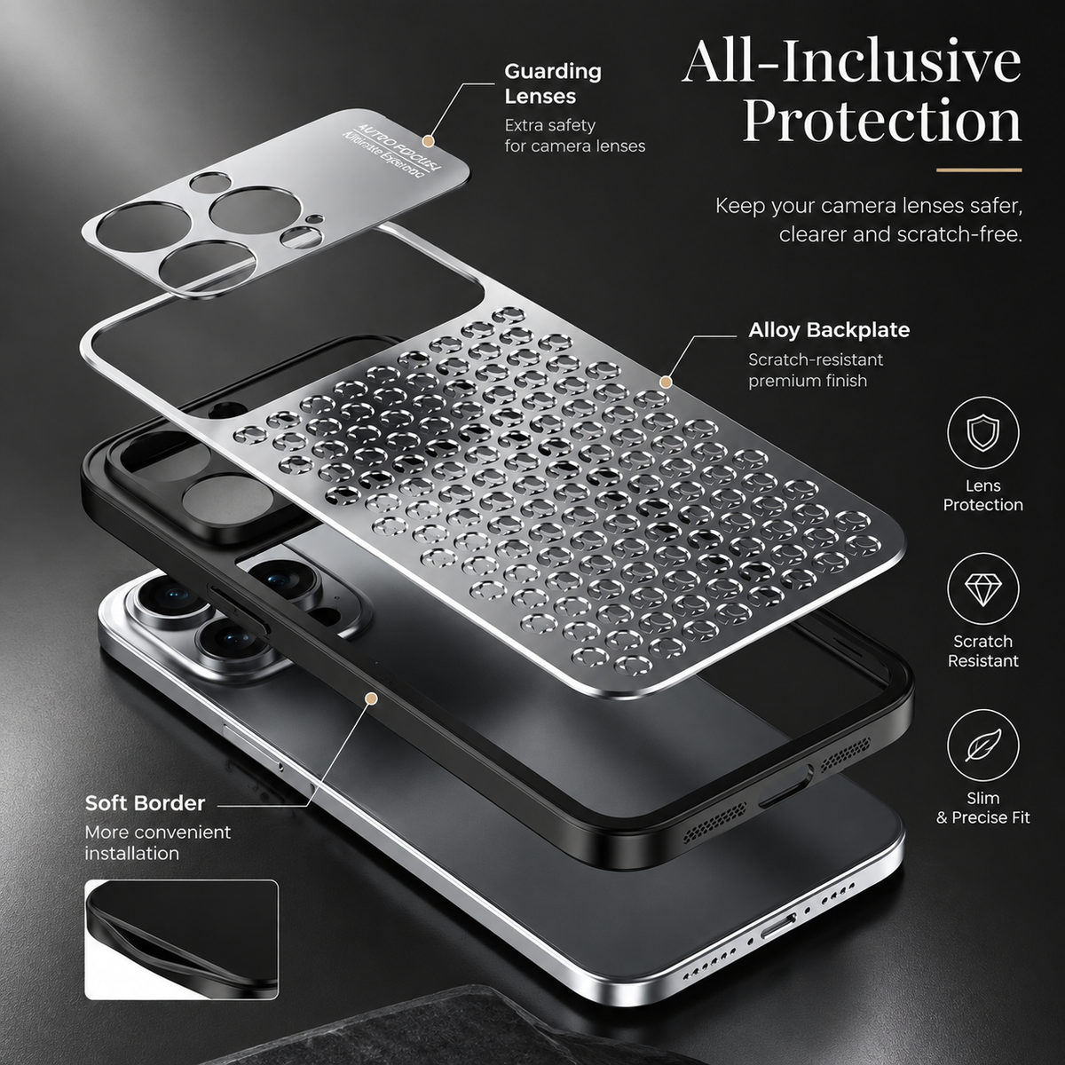 Premium iPhone Case Aluminum Alloy Metal Frame Breathable Back Protective Cover Ultra Thin Anti Scratch Anti Fingerprint Slim Lightweight Heat Dissipation