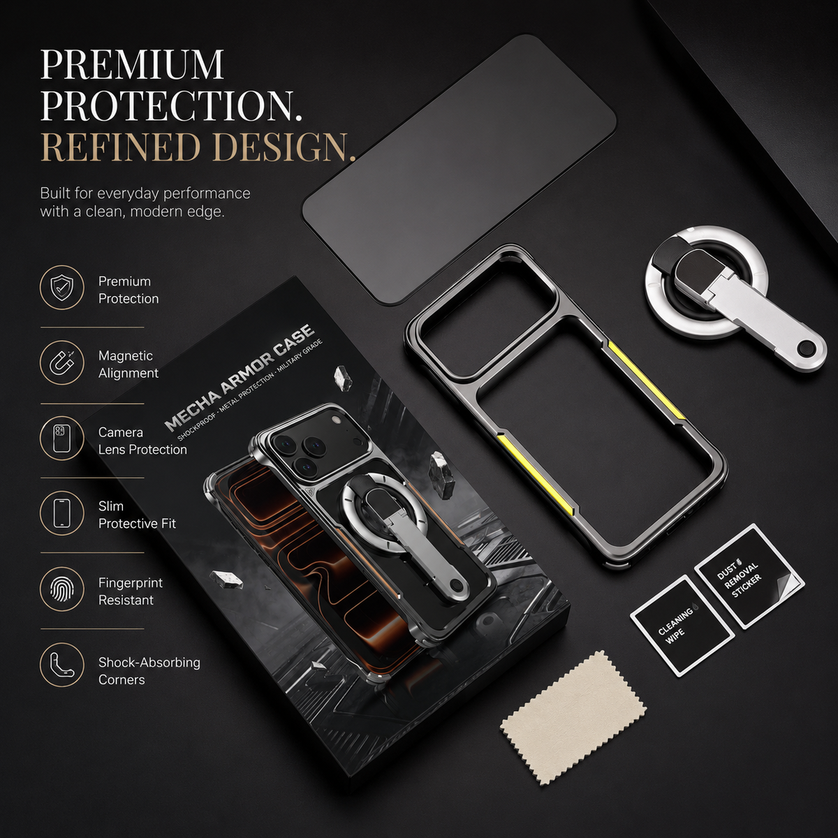 Premium iPhone Case Aluminum Armor Borderless Metal Bumper Magnetic Bracket Heat Dissipation Shockproof Slim Protective Frame Stand Cover Case