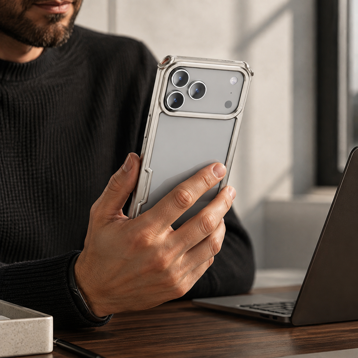 Premium iPhone Case Aluminum Metal Bumper Ultra Thin Shockproof Protective Cover Wireless Charging Slim Lightweight Minimalist Half Wrapped Edge Protection
