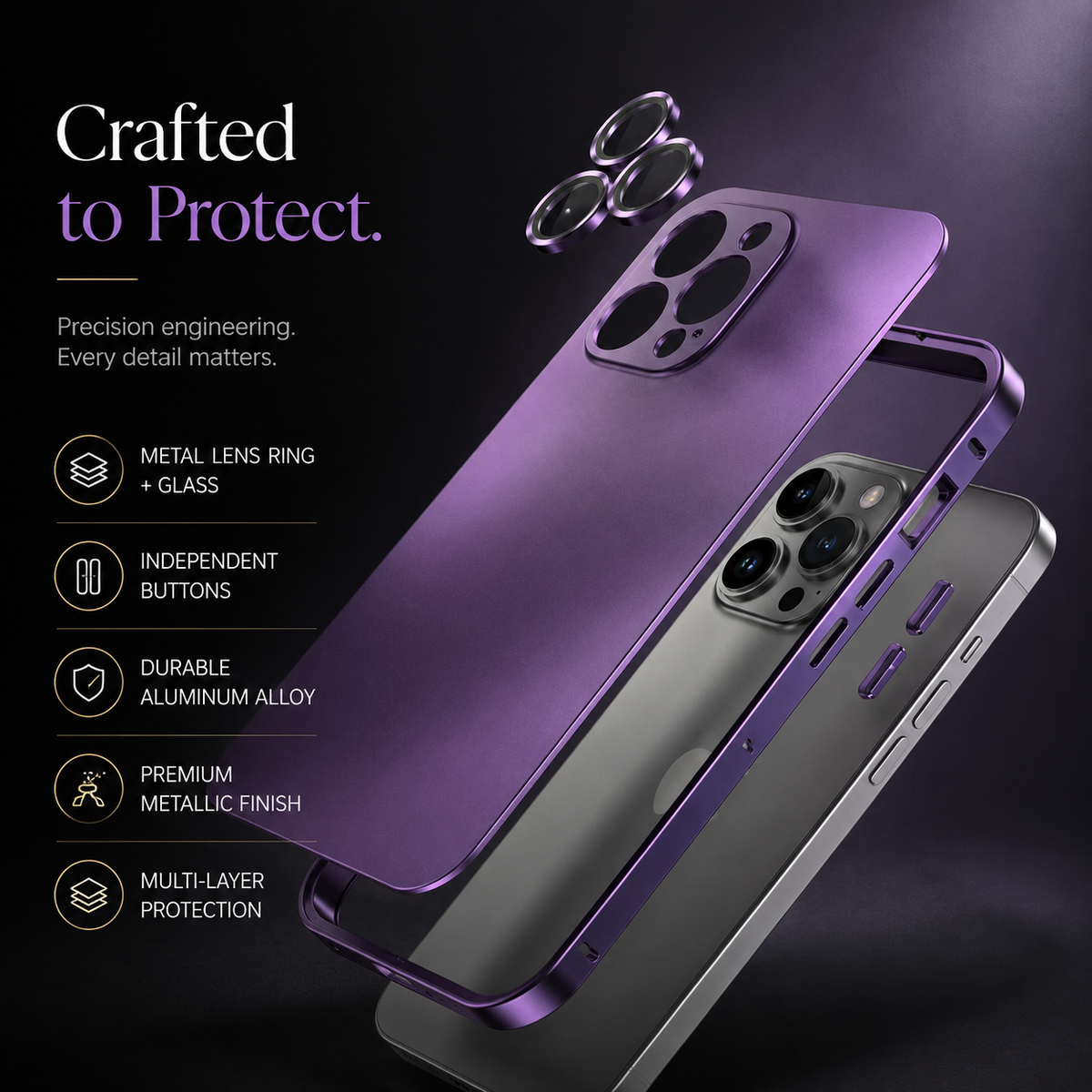 Premium iPhone Case Aluminum Metal Frame Shockproof Protective Cover Hard PC Back Camera Lens Protection Slim Lightweight Anti Scratch Design