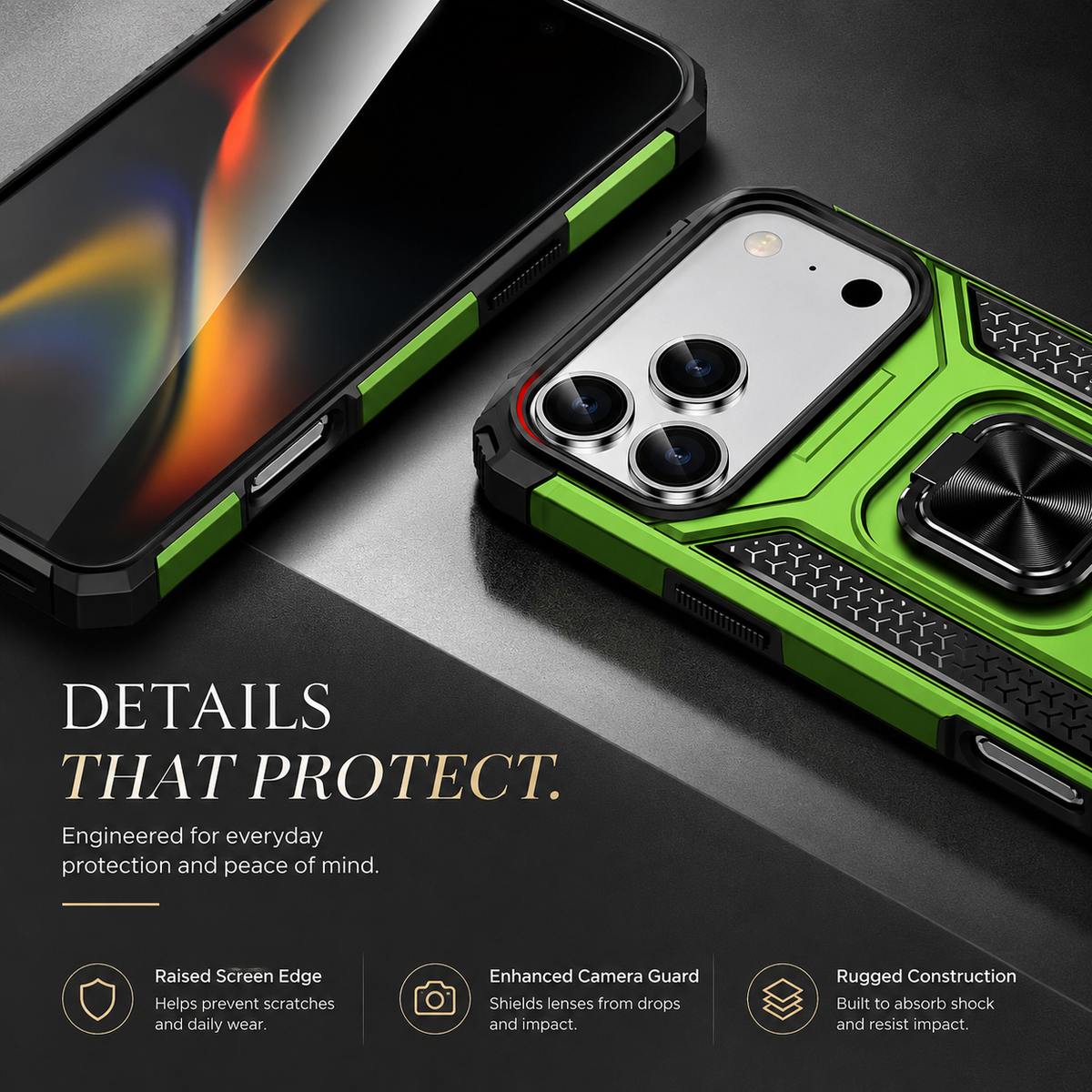 Premium iPhone Case Anti Drop Heavy Duty Ring Kickstand Shockproof Dual Layer Anti Scratch Non Slip Reinforced Protective Bracket Bumper Cover