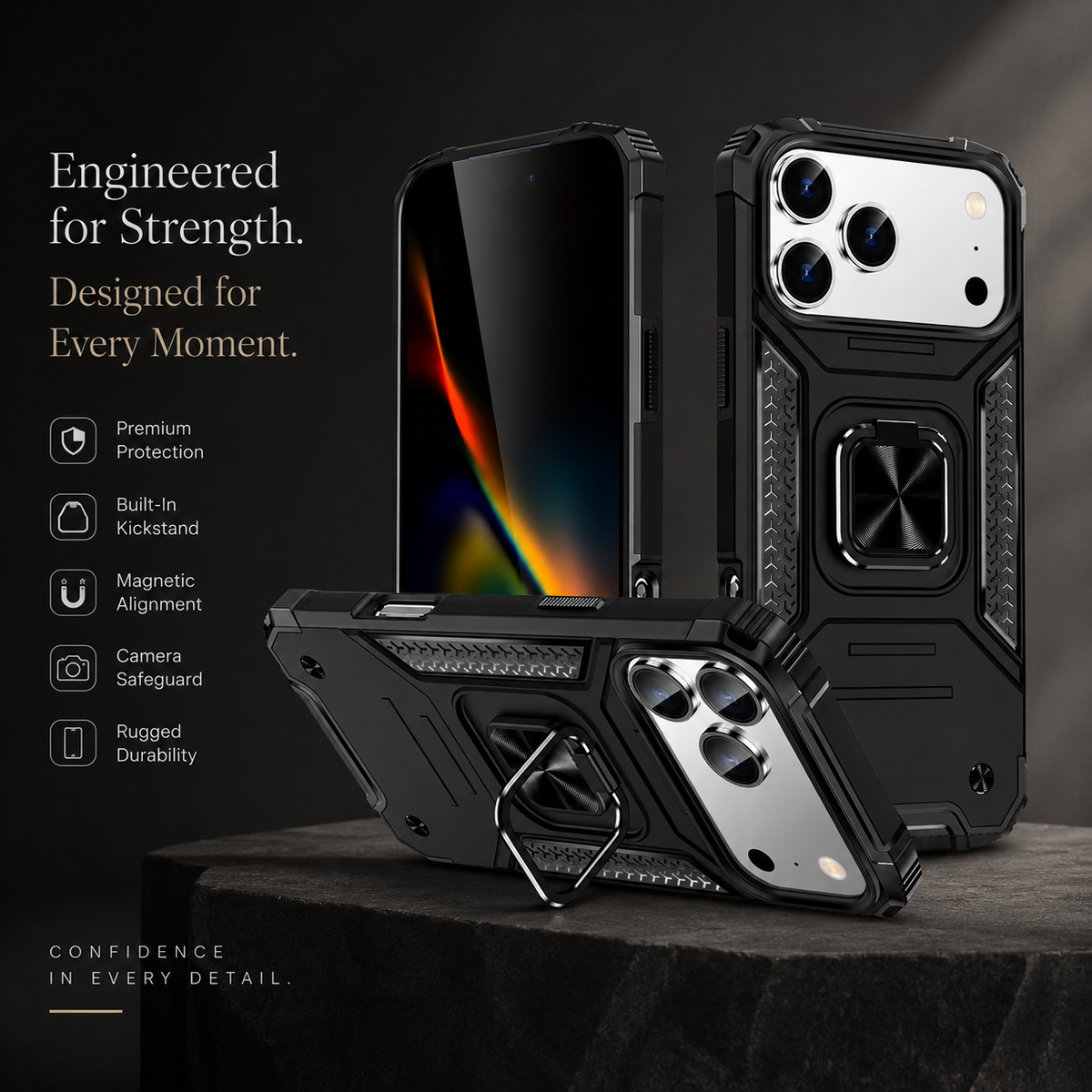 Premium iPhone Case Anti Drop Heavy Duty Ring Kickstand Shockproof Dual Layer Anti Scratch Non Slip Reinforced Protective Bracket Bumper Cover