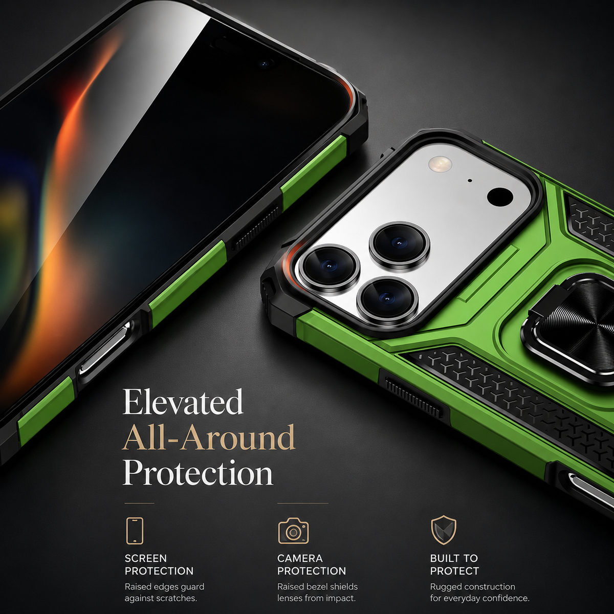 Premium iPhone Case Anti Drop Heavy Duty Ring Kickstand Shockproof Dual Layer Anti Scratch Non Slip Reinforced Protective Bracket Bumper Cover