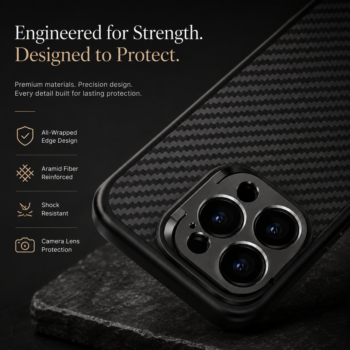 Premium iPhone Case Aramid Fiber Kevlar 600D Half Wrapped Cover with MagSafe Invisible Camera Ring Stand Shockproof Anti Fingerprint Design