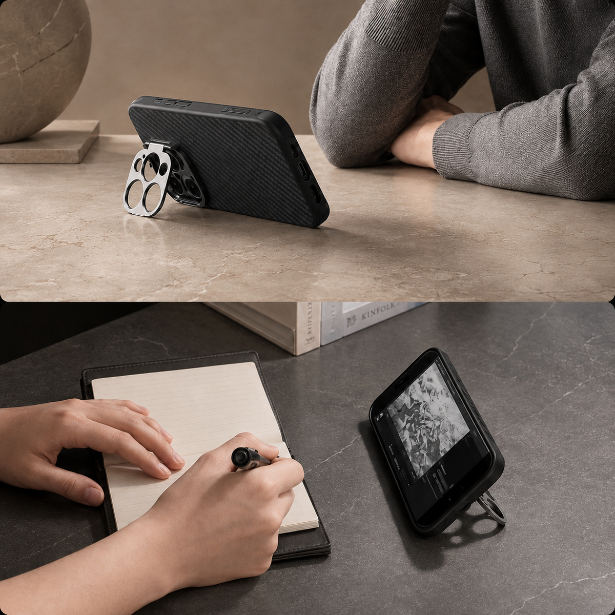 Premium iPhone Case Aramid Fiber Kevlar 600D Half Wrapped Cover with MagSafe Invisible Camera Ring Stand Shockproof Anti Fingerprint Design