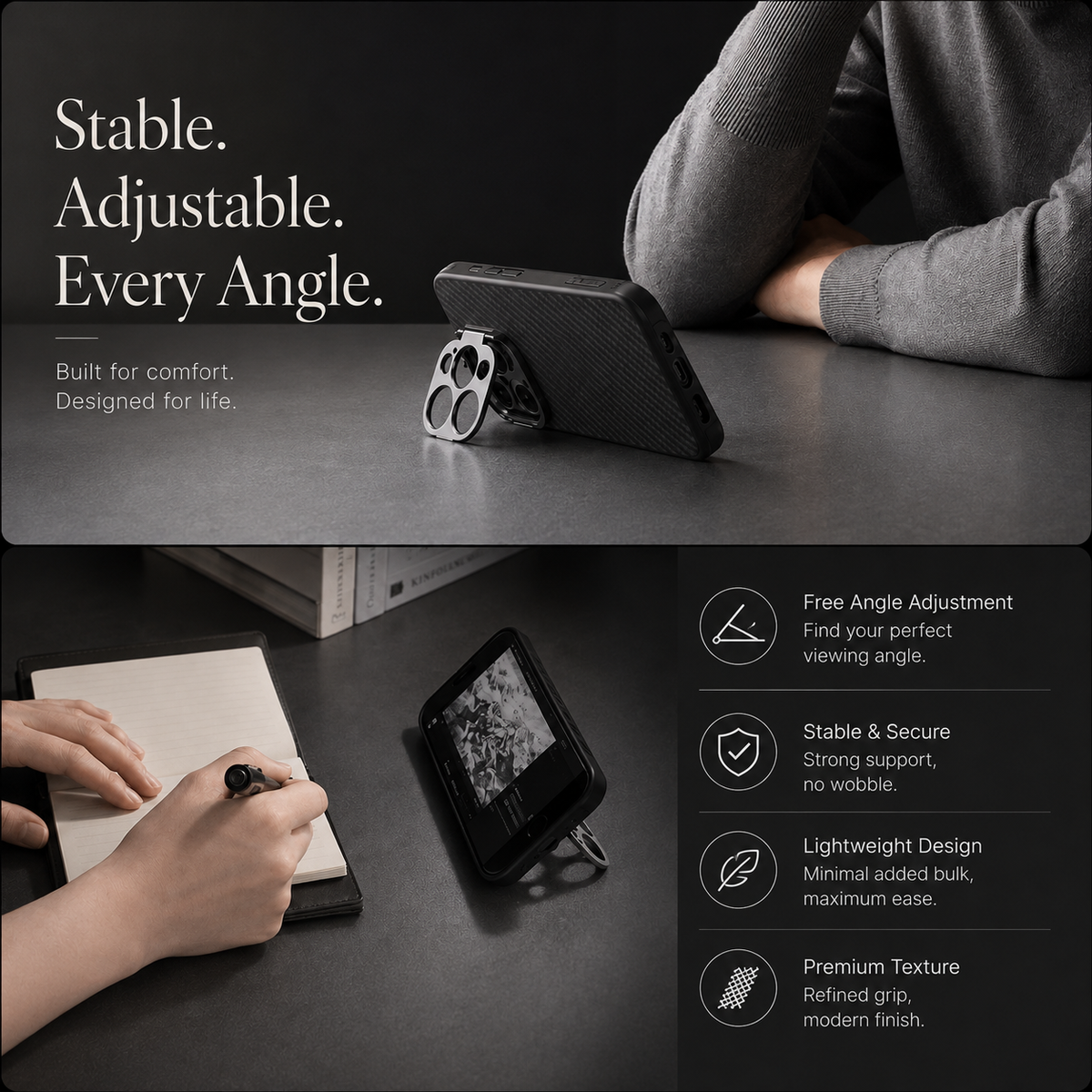 Premium iPhone Case Aramid Fiber Kevlar 600D Half Wrapped Cover with MagSafe Invisible Camera Ring Stand Shockproof Anti Fingerprint Design