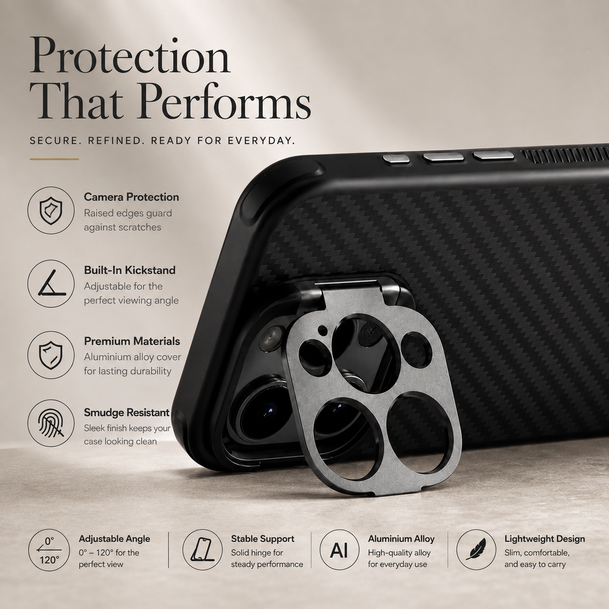 Premium iPhone Case Aramid Fiber Kevlar 600D Half Wrapped Cover with MagSafe Invisible Camera Ring Stand Shockproof Anti Fingerprint Design