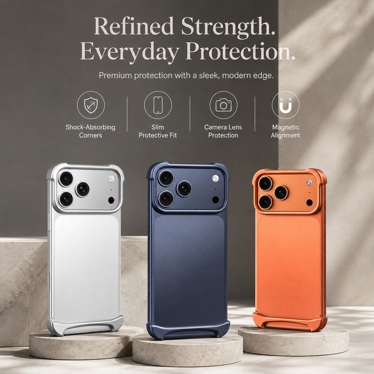 Premium iPhone Case Aviation Aluminum Frameless Metal Bumper Shockproof Borderless Ultra Slim Minimalist Lightweight Reinforced Edge Protective Cover