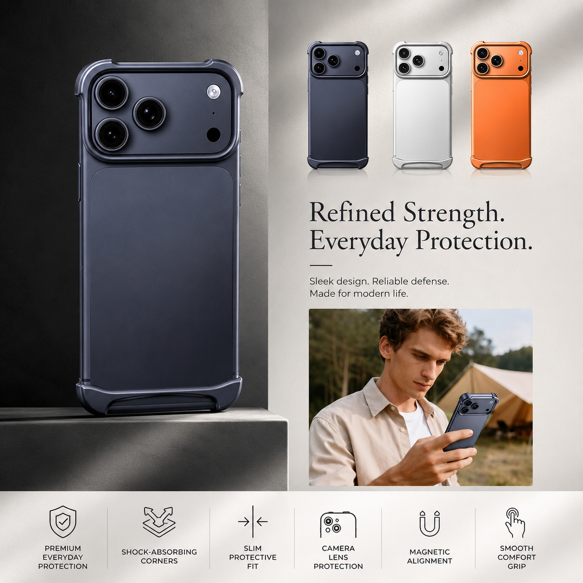 Premium iPhone Case Aviation Aluminum Frameless Metal Bumper Shockproof Borderless Ultra Slim Minimalist Lightweight Reinforced Edge Protective Cover