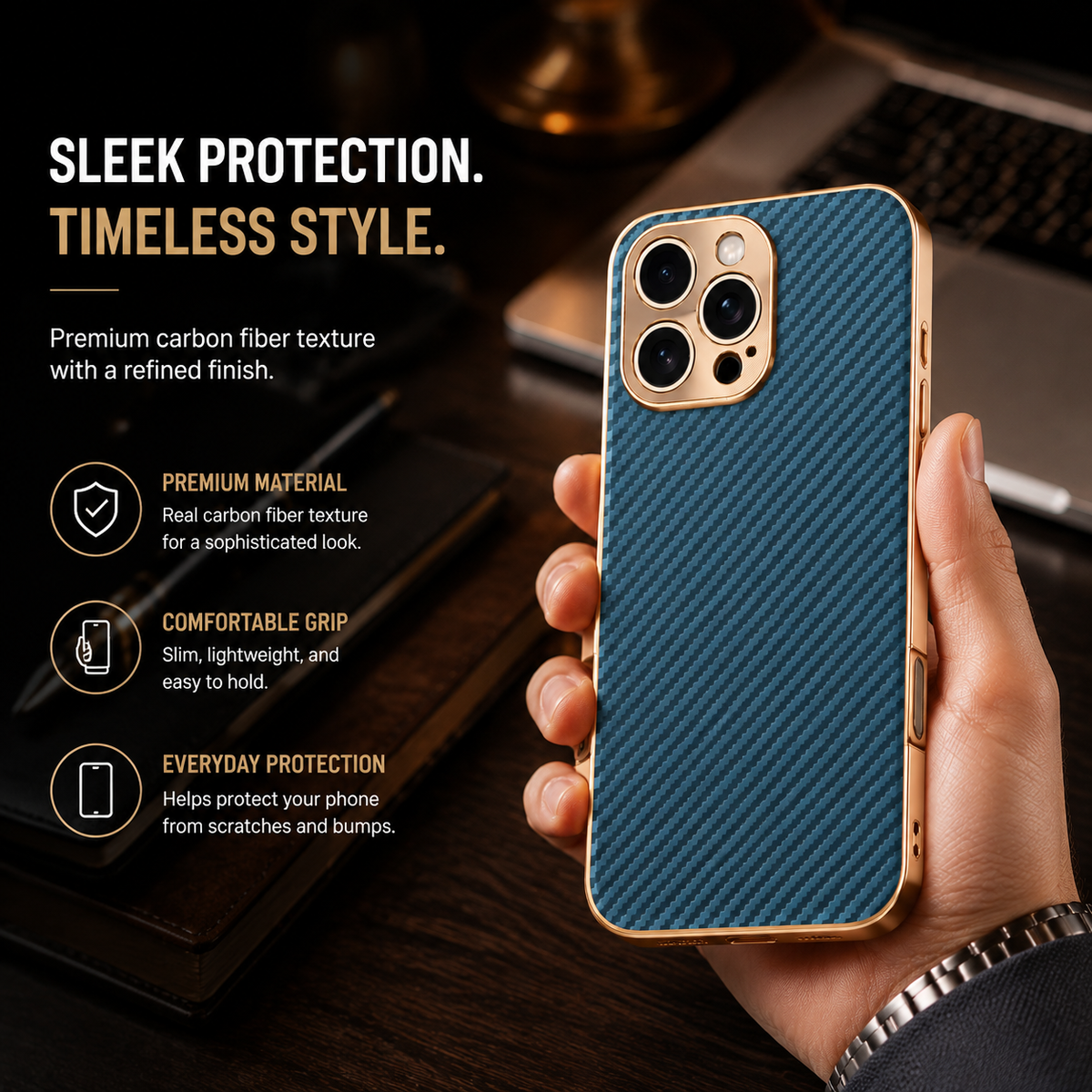 Premium iPhone Case Carbon Fiber Textured Leather Protective Cover Alloy Metal Lens Guard Shockproof Slim Fit Durable Anti Scratch Lightweight Design