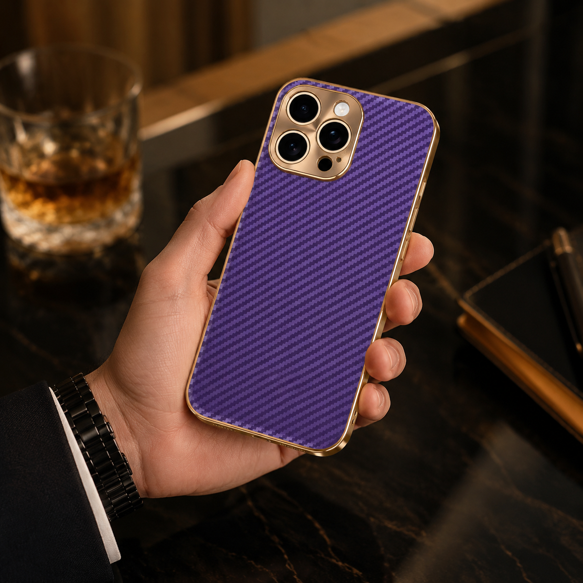Premium iPhone Case Carbon Fiber Textured Leather Protective Cover Alloy Metal Lens Guard Shockproof Slim Fit Durable Anti Scratch Lightweight Design