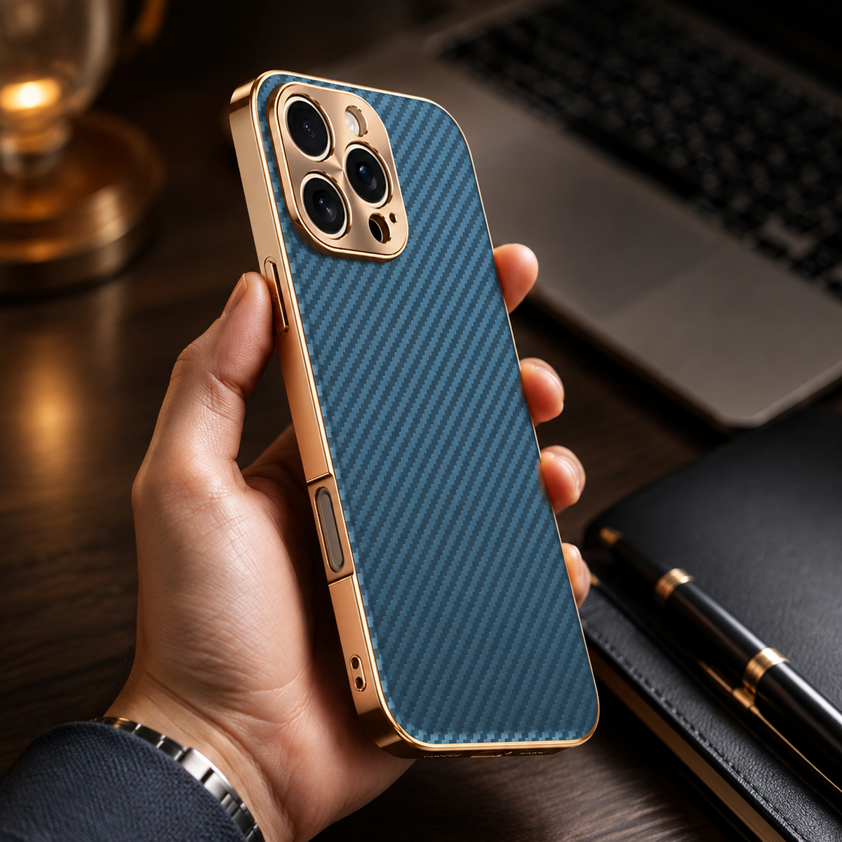 Premium iPhone Case Carbon Fiber Textured Leather Protective Cover Alloy Metal Lens Guard Shockproof Slim Fit Durable Anti Scratch Lightweight Design