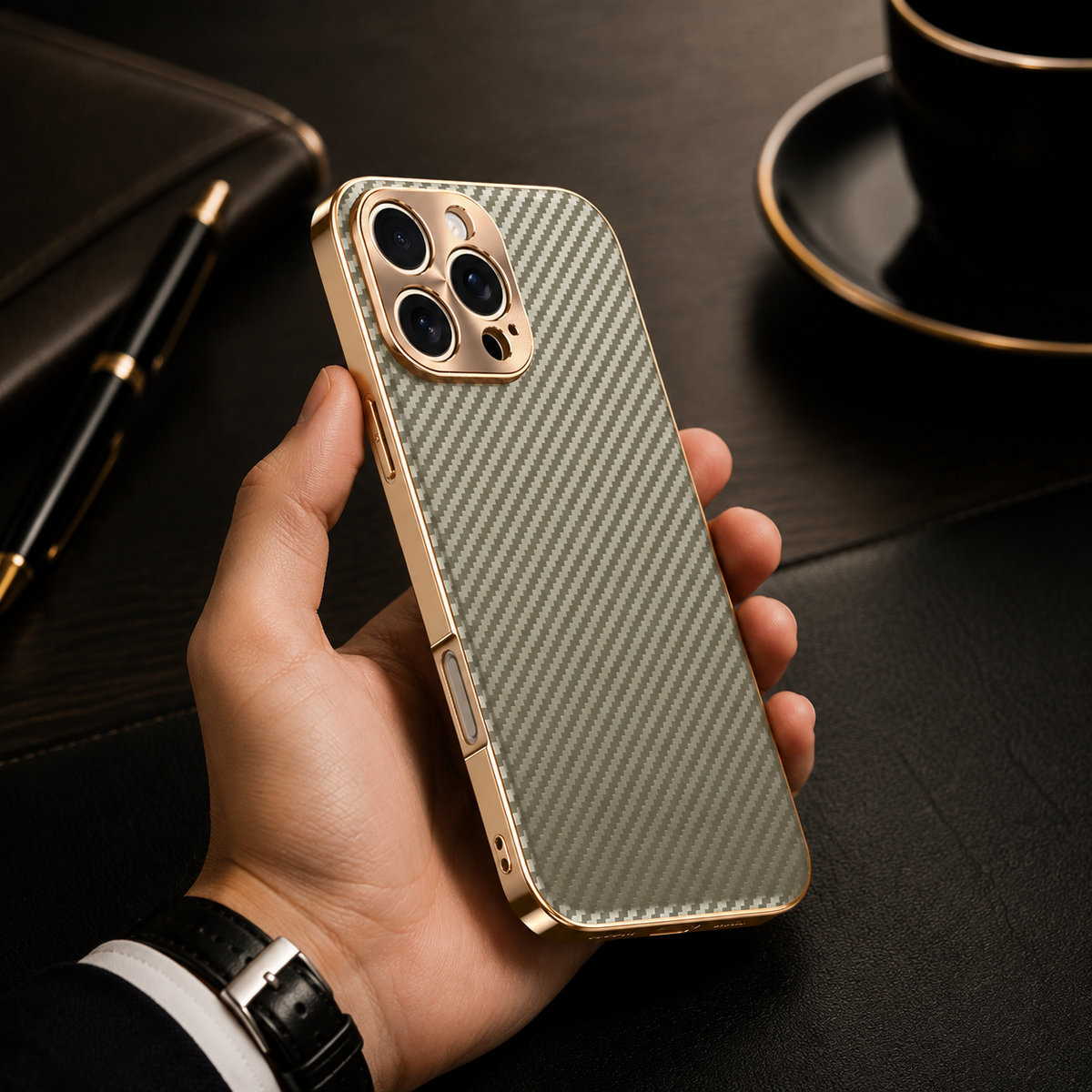 Premium iPhone Case Carbon Fiber Textured Leather Protective Cover Alloy Metal Lens Guard Shockproof Slim Fit Durable Anti Scratch Lightweight Design