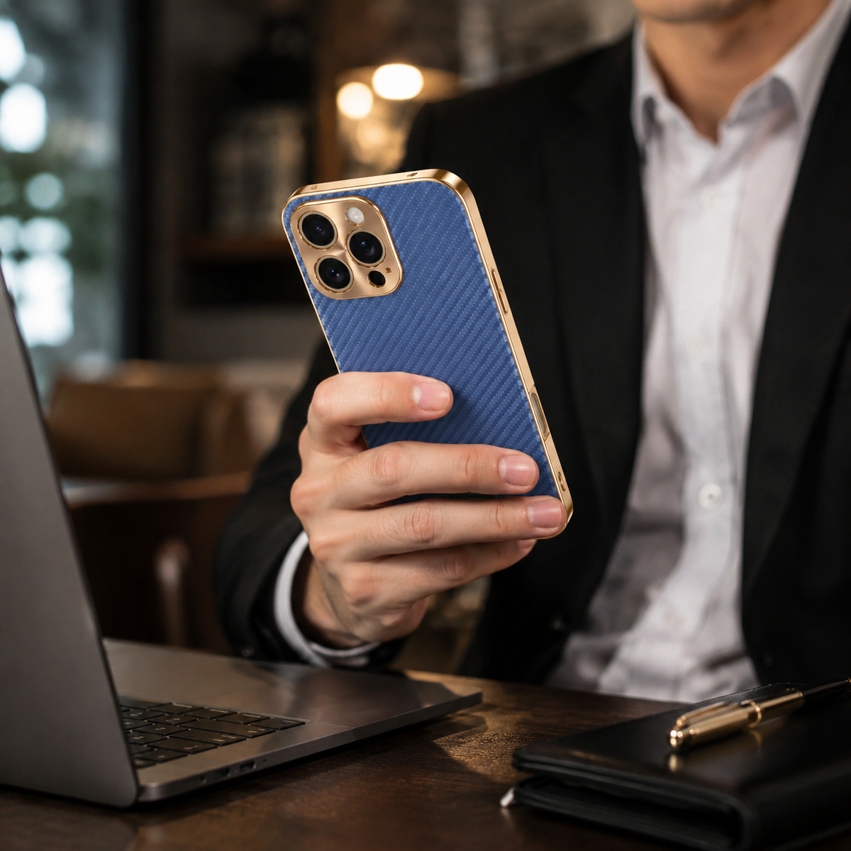 Premium iPhone Case Carbon Fiber Textured Leather Protective Cover Alloy Metal Lens Guard Shockproof Slim Fit Durable Anti Scratch Lightweight Design