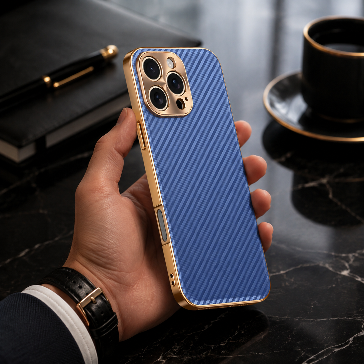 Premium iPhone Case Carbon Fiber Textured Leather Protective Cover Alloy Metal Lens Guard Shockproof Slim Fit Durable Anti Scratch Lightweight Design